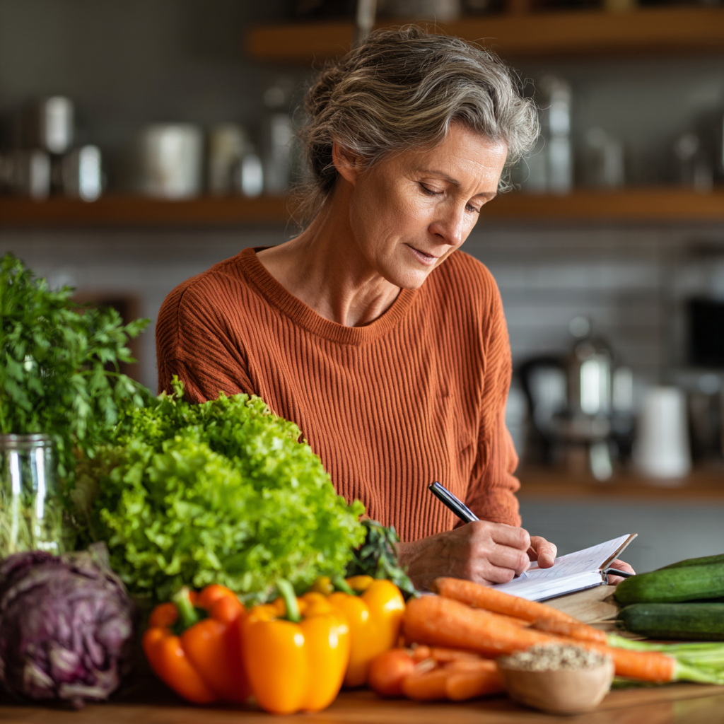 Middle-aged woman planning balanced meals with fresh vegetables and grains on kitchen table