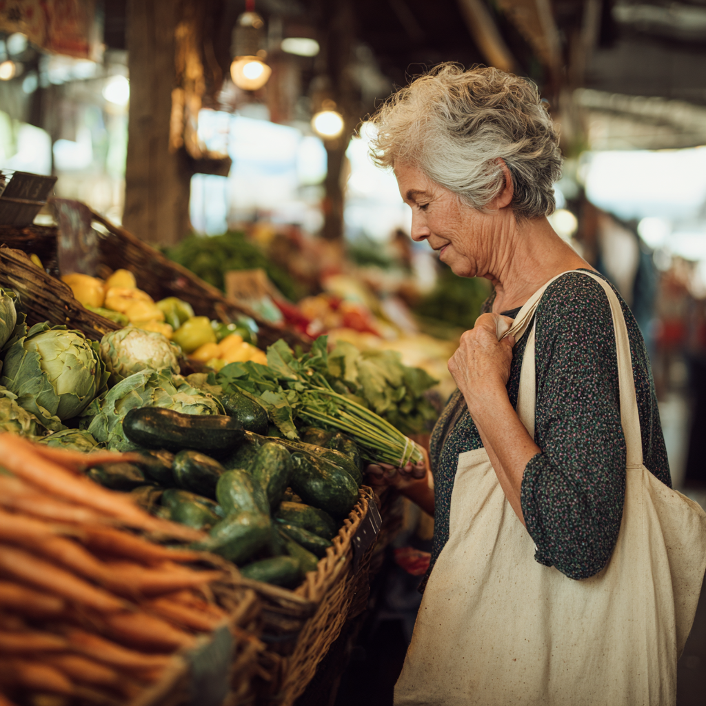 Older adult carefully selecting fresh produce at local market with reusable shopping bag